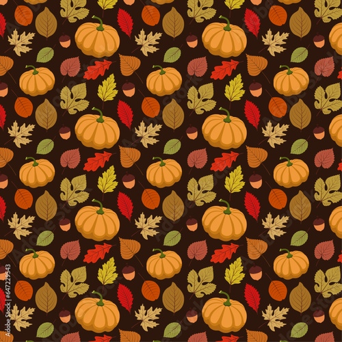 A pattern with pumpkin, acorns, autumn worked out high-quality multicolored leaves on a warm brown background, a beautiful silhouette, a lot, thick