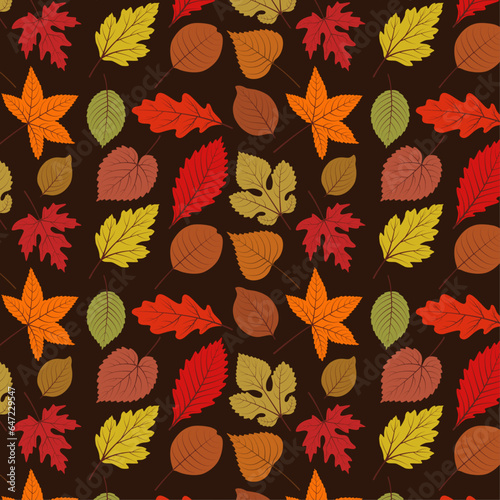 Pattern with autumn elaborated high-quality multicolored leaves on a warm brown background, beautiful silhouette