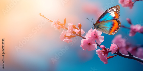  Branch Of Lilac Flowers And Butterflies On A Background Of Blue Sky 