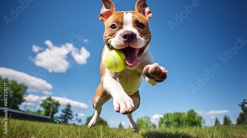Active young red and white American Staffordshire Terrier dog with cropped ears posing outdoors jumping up on a green grass catching a tennis ball in summer photo