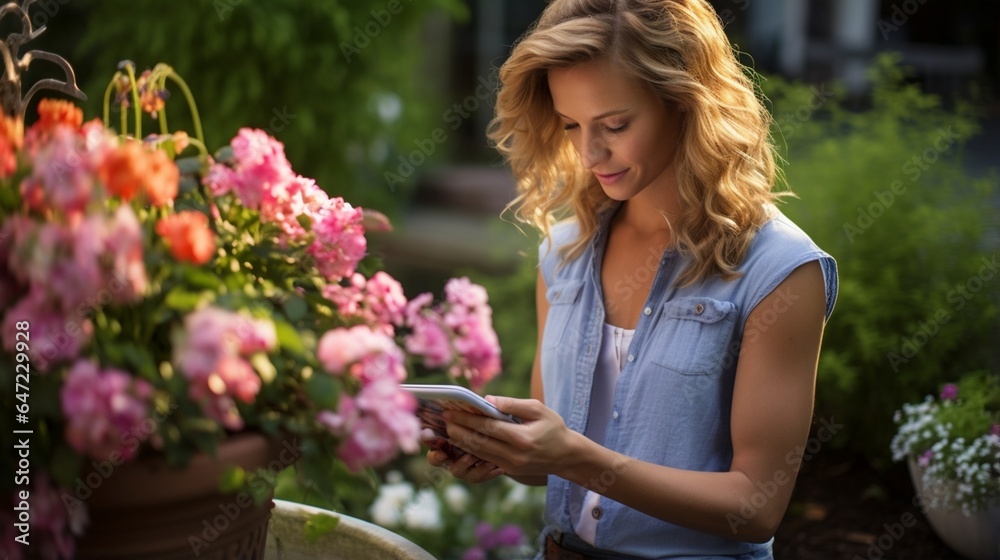 Adult woman looks at her phone while watering flowers in her garden outdoors, Midwest, Indiana, USA Adult woman looks at her phone while watering flowers in her garden outdoors, Midwest, Indiana, USA