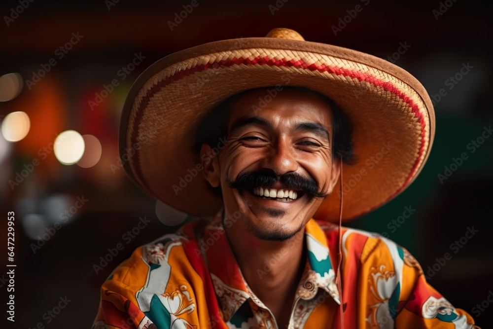 Mexican man Celebrating Cinco de Mayo National Holiday wearing sombrero and bright poncho