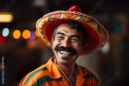 Mexican man Celebrating Cinco de Mayo National Holiday wearing sombrero and bright poncho