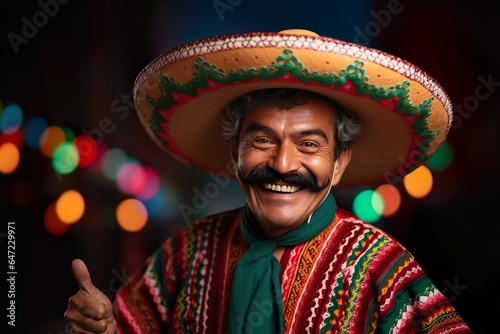 Fotografia Mexican man Celebrating Cinco de Mayo National Holiday wearing sombrero and brig