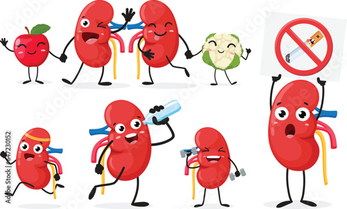 doodle kidney cartoon character, with different healthy activities 