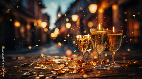 Champagne glasses and candlelight during New Year's celebration