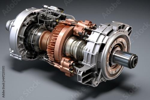 Electric vehicle motor in cutaway view on gray background. Rendered image. Generative AI photo