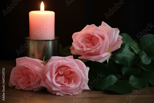 A pink rose and candles. Sympathy, condolence, all souls day. Generative AI