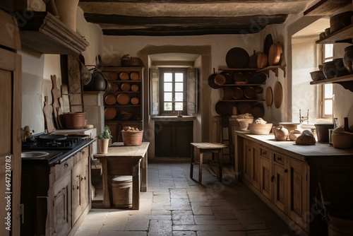 Kitchen ambiance in a vintage country house featuring stucco walls  wooden beams  oak furniture  and antique culinary tools. Generative AI