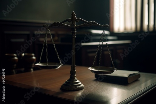 Justice scales in dim court room. Generative AI