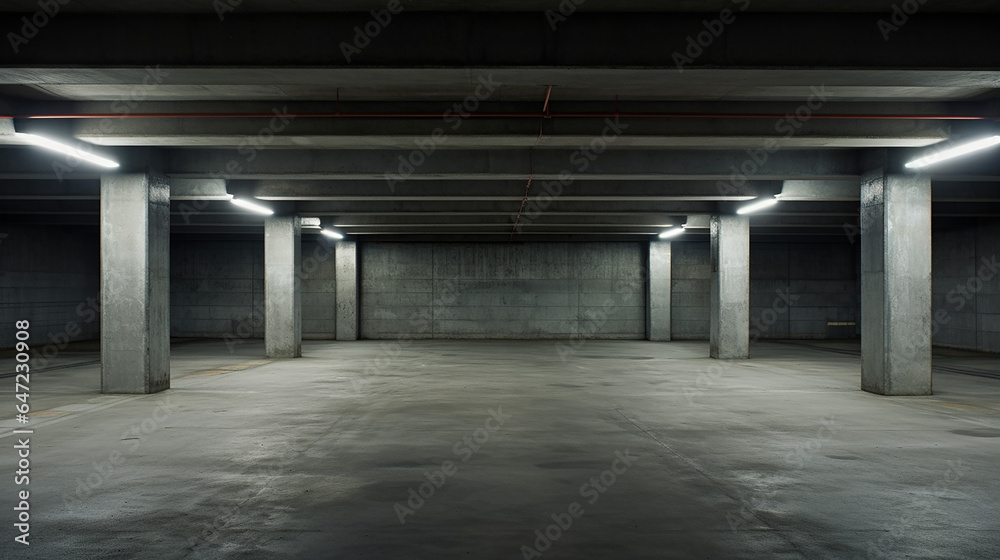 Empty parking lot concrete interior. 3D rendering parking lot design. Generative AI