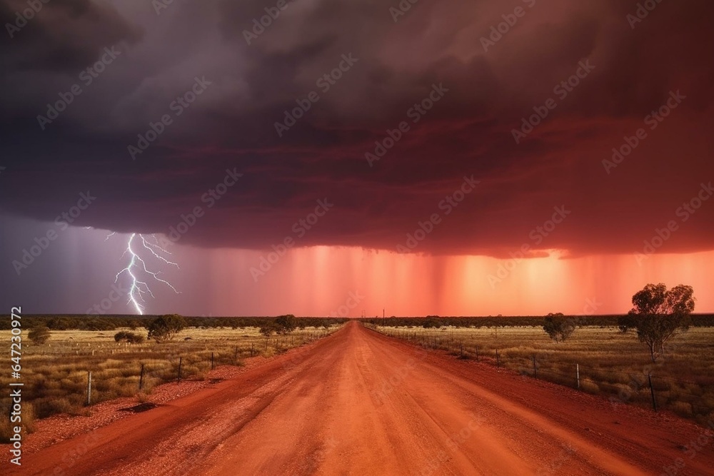 A desolate Aussie outback with a red dirt road leading to the horizon, bordered by bushes. A violent thunderstorm lurks with bright purple lightning. Generative AI