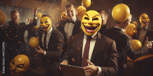 Businessmen having a party. Wearing evil masks. Emojis. Debauched. Drinking and partying. Wall Street bankers. Greed and excess. Capitalism. Halloween. photo