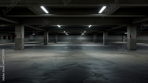 Empty parking lot concrete interior. 3D rendering parking lot design. Generative AI © Yellow