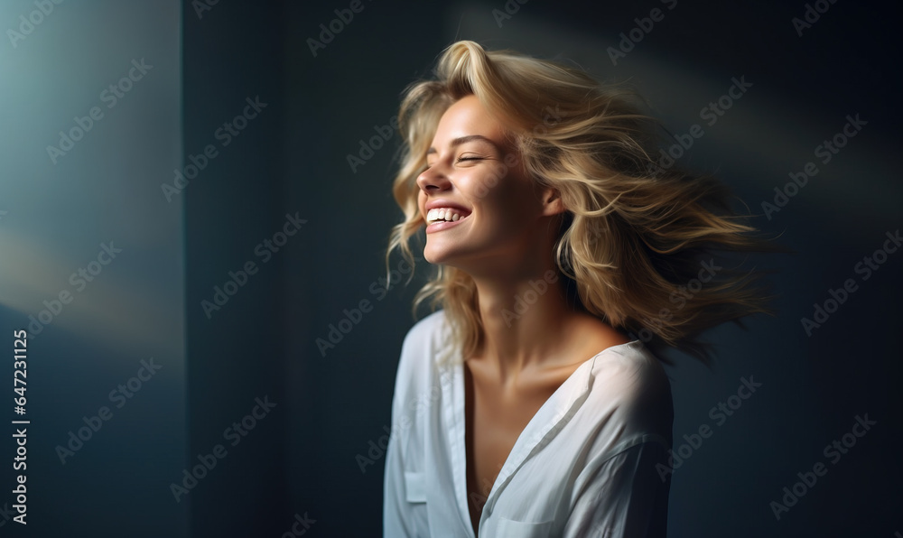Stunning beautiful woman smiling wide in front of window Stunning beautiful woman smiling wide in front of window