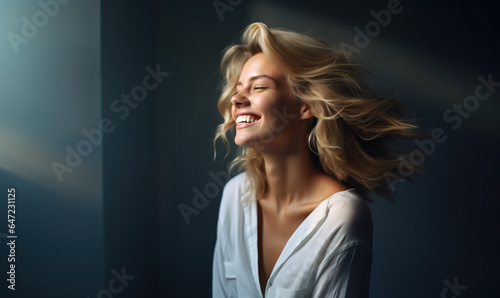 Stunning beautiful woman smiling wide in front of window