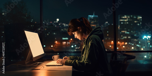 Woman working from home late at night