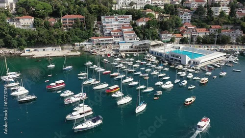 Herceg Novi Montenegro - coastal town in Boka Kotor Bay on the Adriatic Sea. Aerial. Summer. Boats and beach