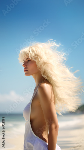 Profile image of beautiful blonde woman with hair blown by the wind wearing a minimalist white dress with visible side brest