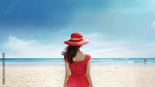Back view of woman wearing red dress and hat admiring the blue sea Summer vacation concept © IBEX.Media