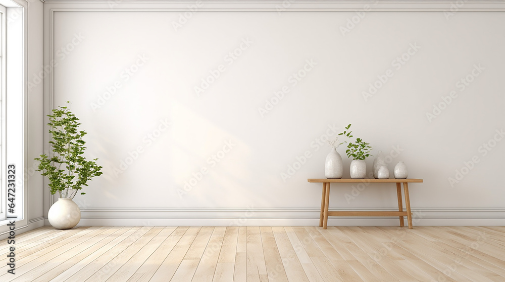 Empty room modern scandinavian interior design white wall decoration with vase. Generative AI Empty room modern scandinavian interior design white wall decoration with vase. Generative AI