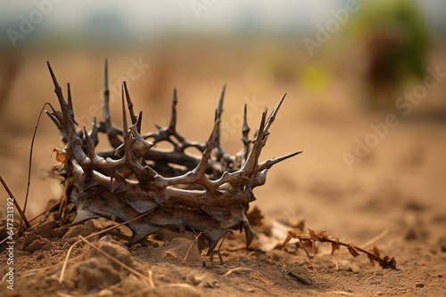 Thorny crown on parched soil with blurred backdrop. Generative AI