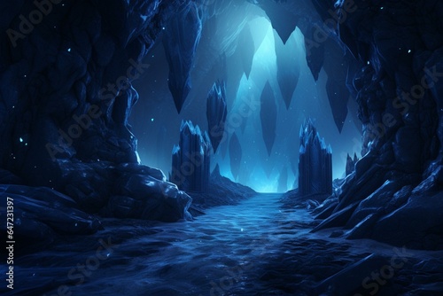 Abstract underground fantasy caves with rays of light in a dark icy atmosphere. Blue neon ice adds a touch of freshness and a cold, wet sensation. Generative AI © Rainier