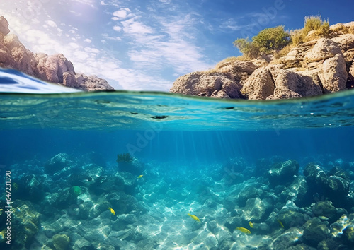 Underwater split between blue ocean water and exotic island.Macro.AI Generative