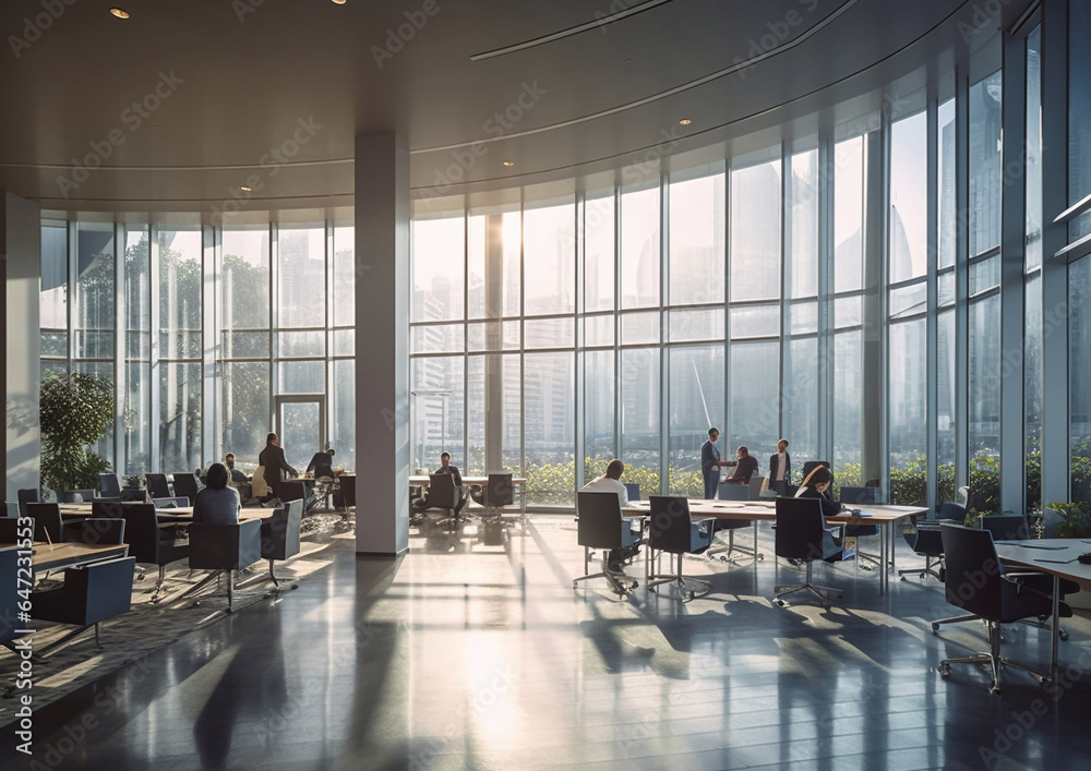 Office workspace full of people with large windows in large business centre.Macro.AI Generative Office workspace full of people with large windows in large business centre.Macro.AI Generative