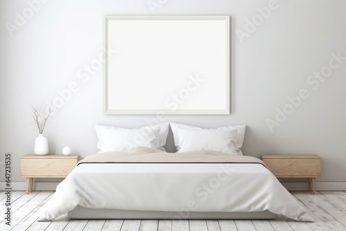 Empty picture frame on white wall in modern bedroom. Mock up interior in contemporary style. Generative AI