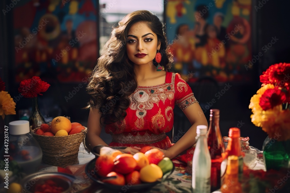 Beautiful Mexican Girl in Red Dress and Makeup for Dia de la Raza ...