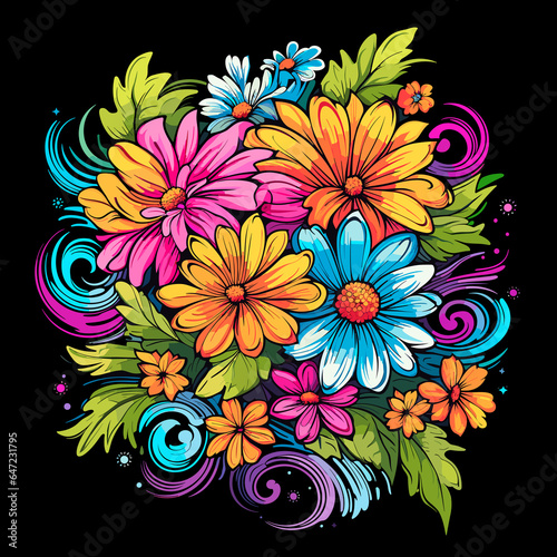 Abstract colourful tropical flowers in vector pop art style