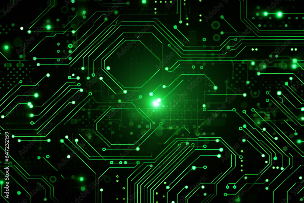 Circuit board electronic chips or electrical line engineering technology concept green background