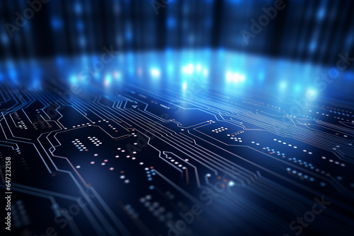 Circuit board electronic chips or electrical line engineering technology concept blue background