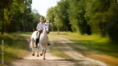 A beautiful brunette horsewoman in a white shirt rides on a horse in the forest.