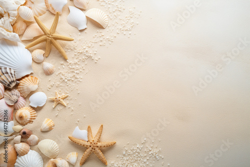 White fine sand with shells and copy space texture and background . Summer holidays.