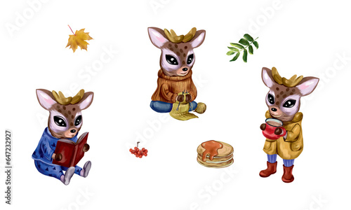 Cartoon fawns in clothes, set with leaves. Vector illustration for autumn coziness. Greeting cards, invitations, seasonal banners, flyers.