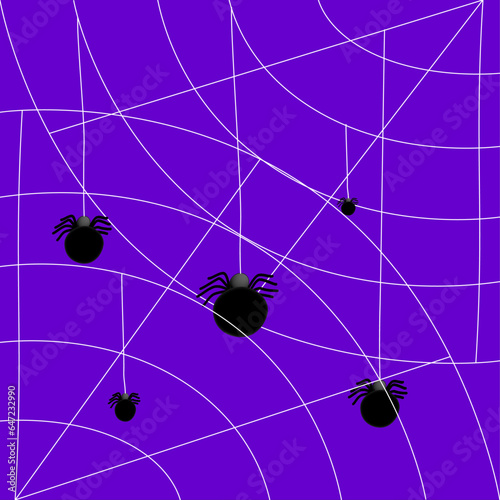 Halloween violet background with black spiders and spider web