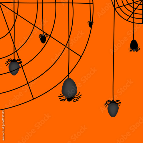 Halloween orange background with spiders and spider web