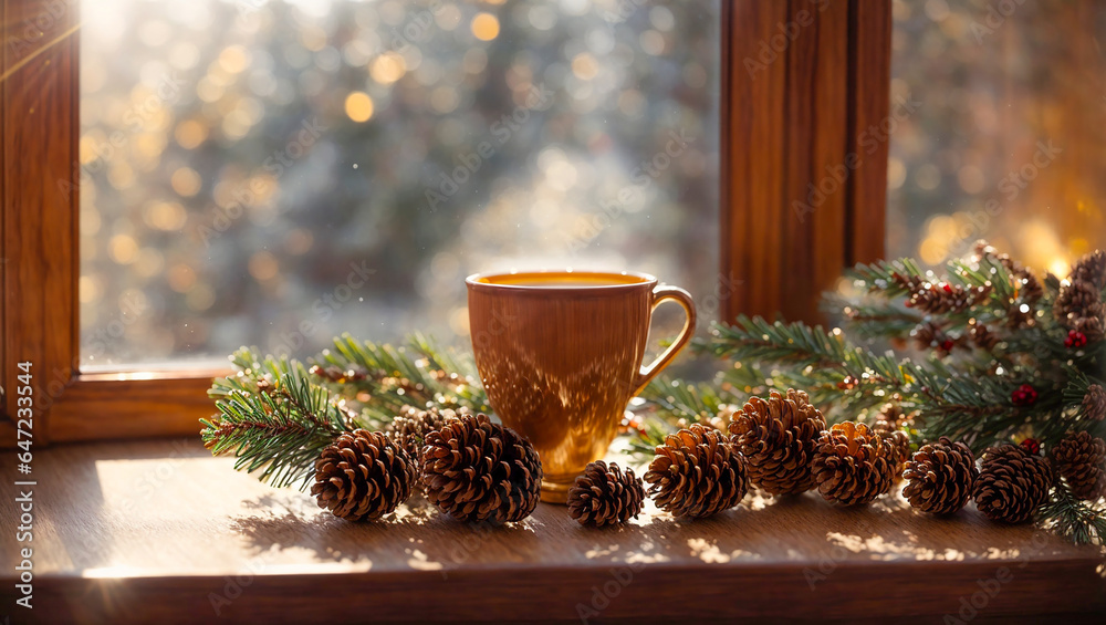 cup of coffee against the background of a winter window - obrazy, fototapety, plakaty 