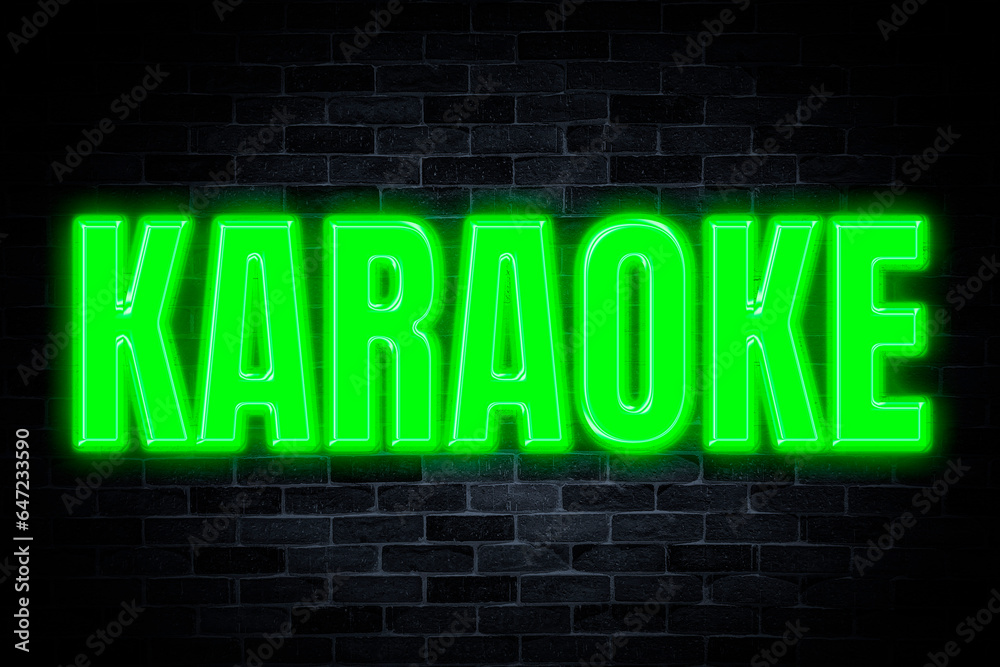 Karaoke neon banner on brick wall background.