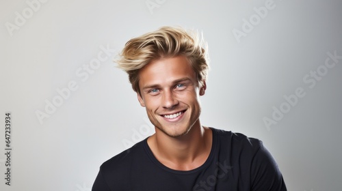 Portrait of young handsome hipster man with blonde hair smiling and looking at camera over white background.