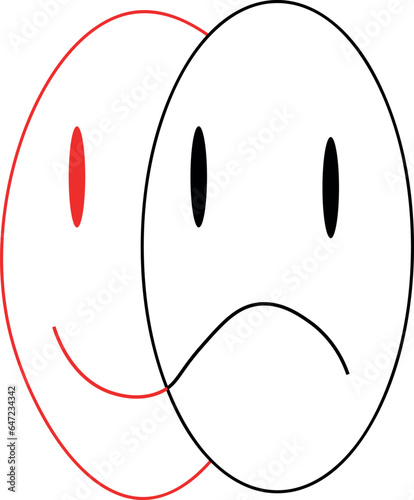 dos mitades una feliz de color rojo y otra cara triste 