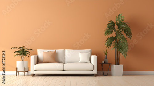 living room with a couch and a potted plant, in the style of light orange and light brown. minimalist living room. © Rangga Bimantara
