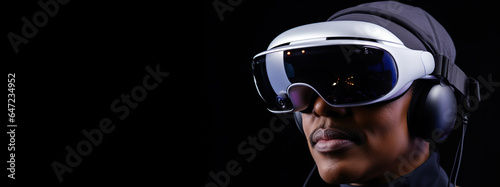 African American black male using a futuristic mixed reality XR headset. VR, AR, MR, Metaverse.