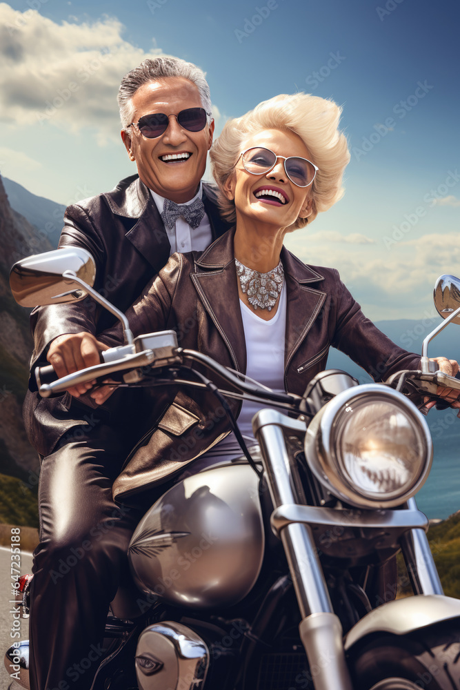 Portrait of a very happy senior elegant couple driving a classic motorcycle next to a cliff