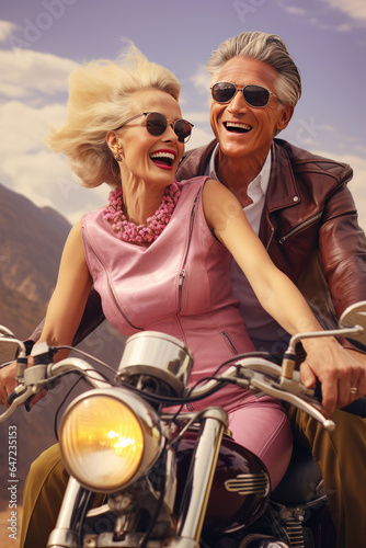 Portrait of a very happy senior elegant couple on a classic motorbike. Vintage photography