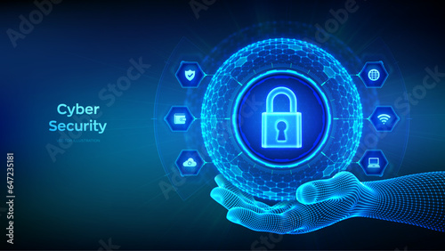 Cyber security. Information protect and or safe concept. Abstract 3D sphere or globe with surface of hexagons with Lock icon in wireframe hand. Cyber security or network security. Vector illustration.