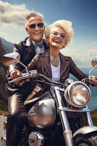 Portrait of a very happy senior elegant couple driving a classic motorcycle next to a cliff