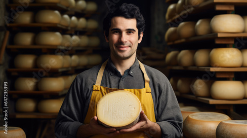 Expert cheese artisan holds his finest creation amidst neatly arranged cheese shelves in the background.